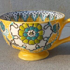 ANTHROPOLOGIE Elka Ayaka Oversized MUG Yellow Floral Twisted Handl Pedes…